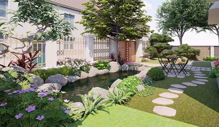 tiểu cảnh sân vườn trước nhà biệt thự